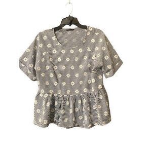 SheIn Gingham Check Daisies Short Sleeve Ruffle Womens Top Size 0XL